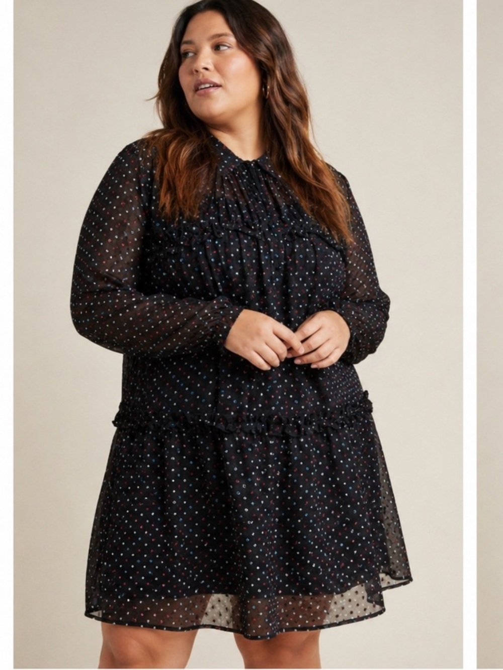 Anthropologie Eva Franco
Haven Ruffled Polka Dot Tunic Dress Black sheer